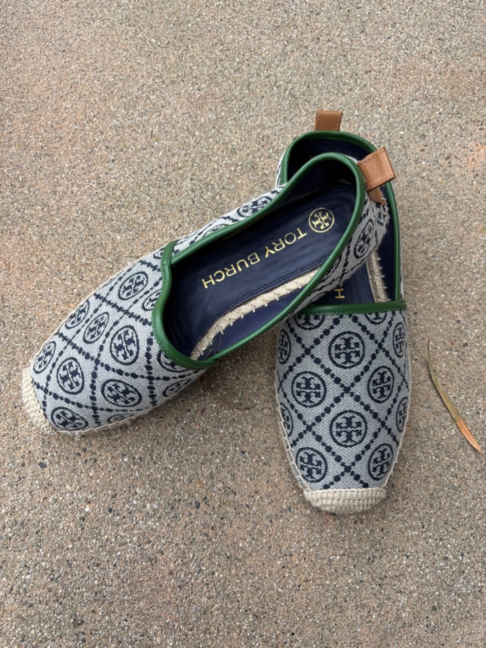 Tory Burch Navy & Cream Logo Espadrille Flats with Green Trim